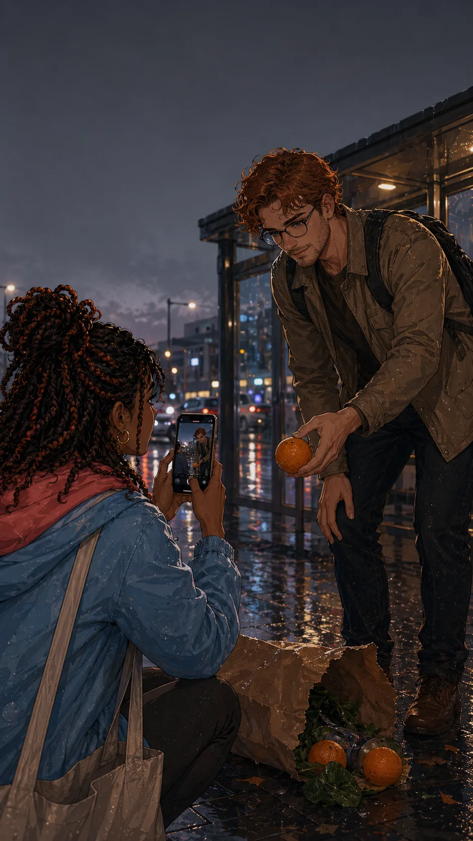 Talia quietly records Owen helping her gather groceries at a rainy stop.