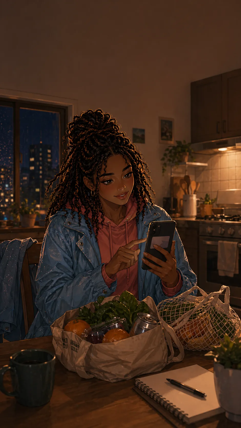 Talia posts an unreadable gratitude video from her apartment kitchen table.
