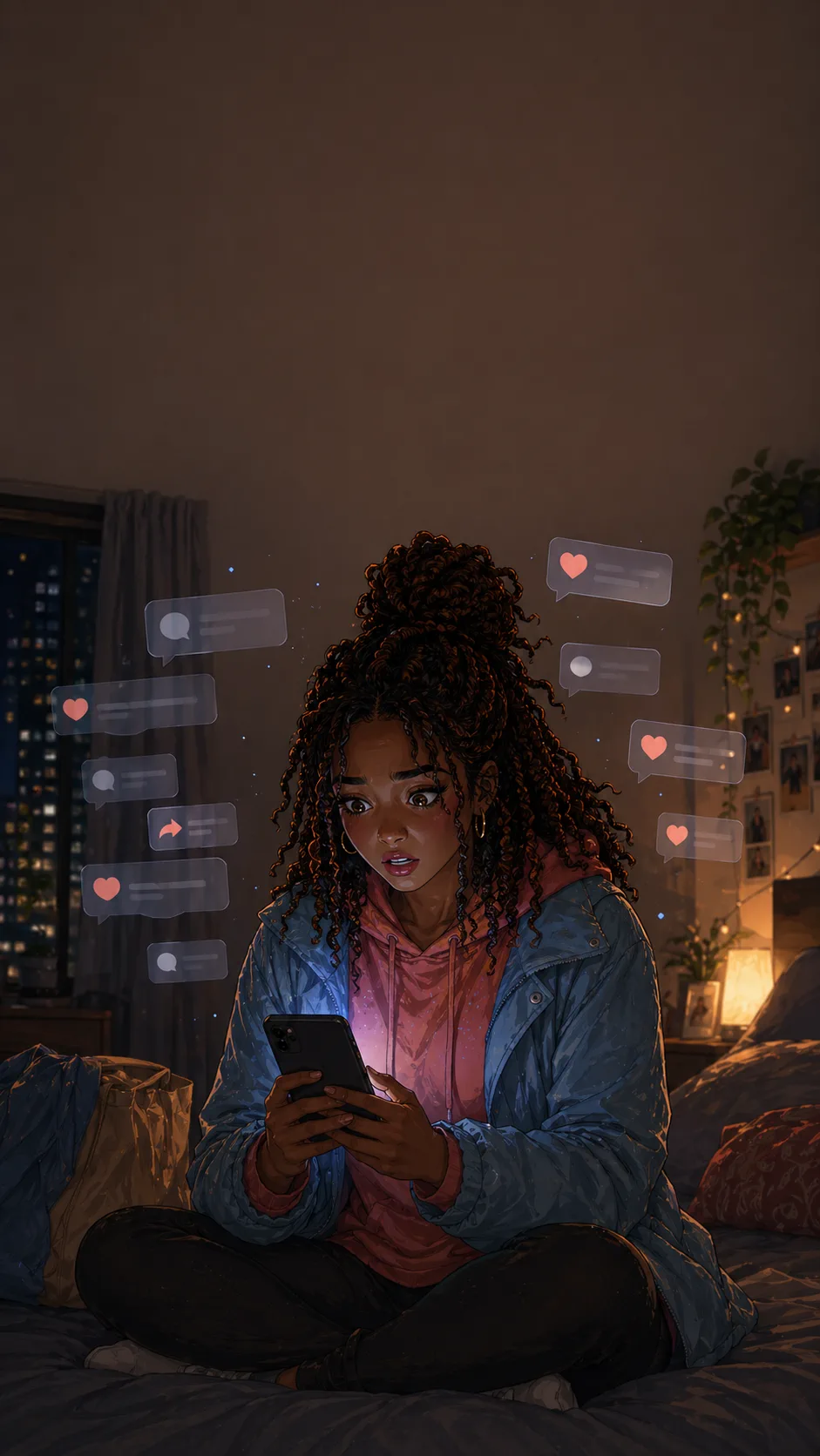 Talia sits on her bed watching abstract notifications gather around her phone.