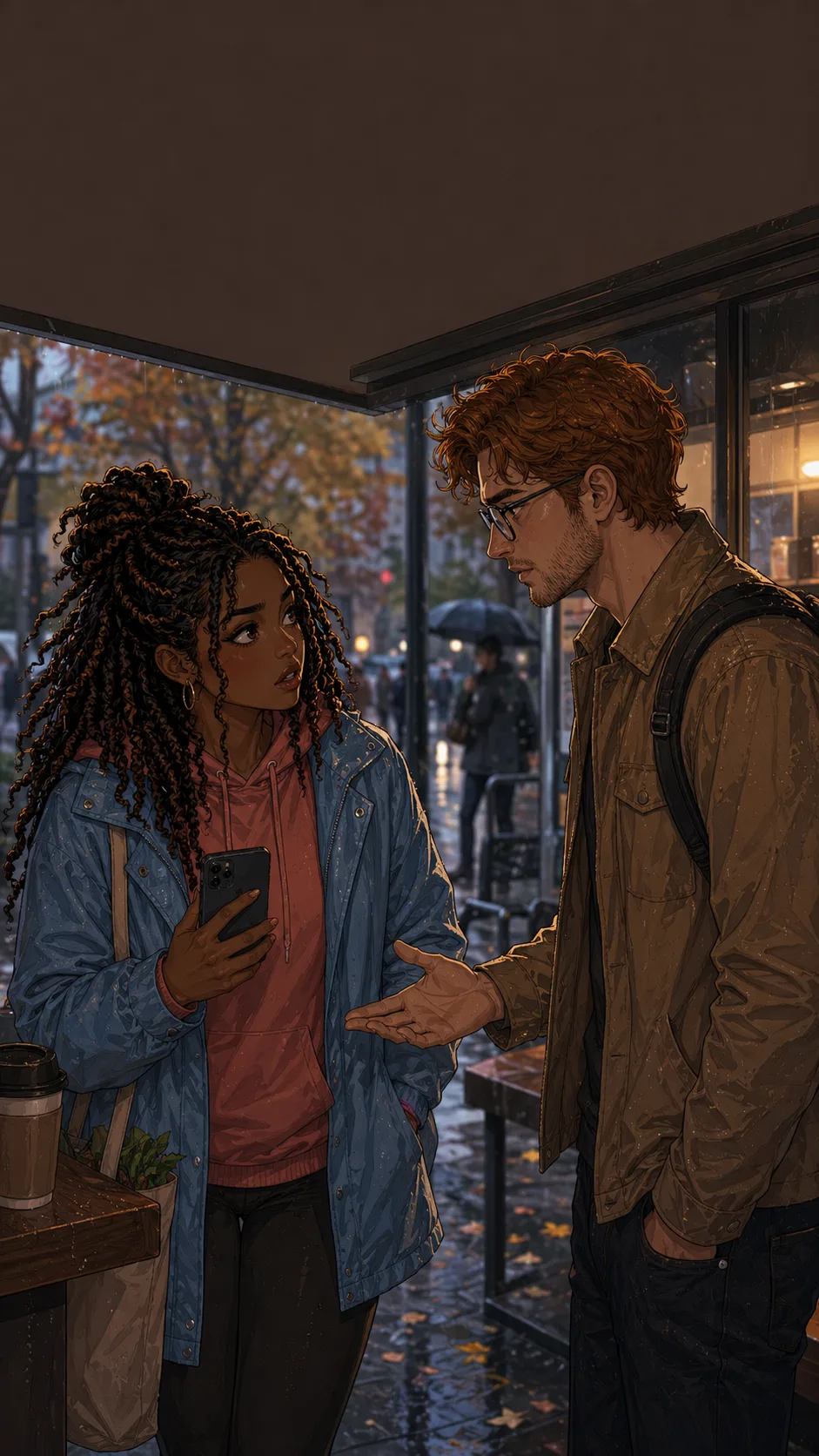 Owen quietly asks Talia to remove the video near a generic transit shelter.