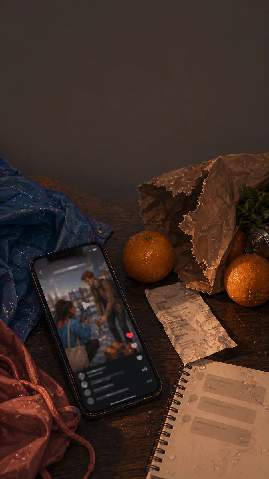 A tabletop montage shows a phone with a blurred video thumbnail, oranges, a torn grocery bag, and unreadable notes.