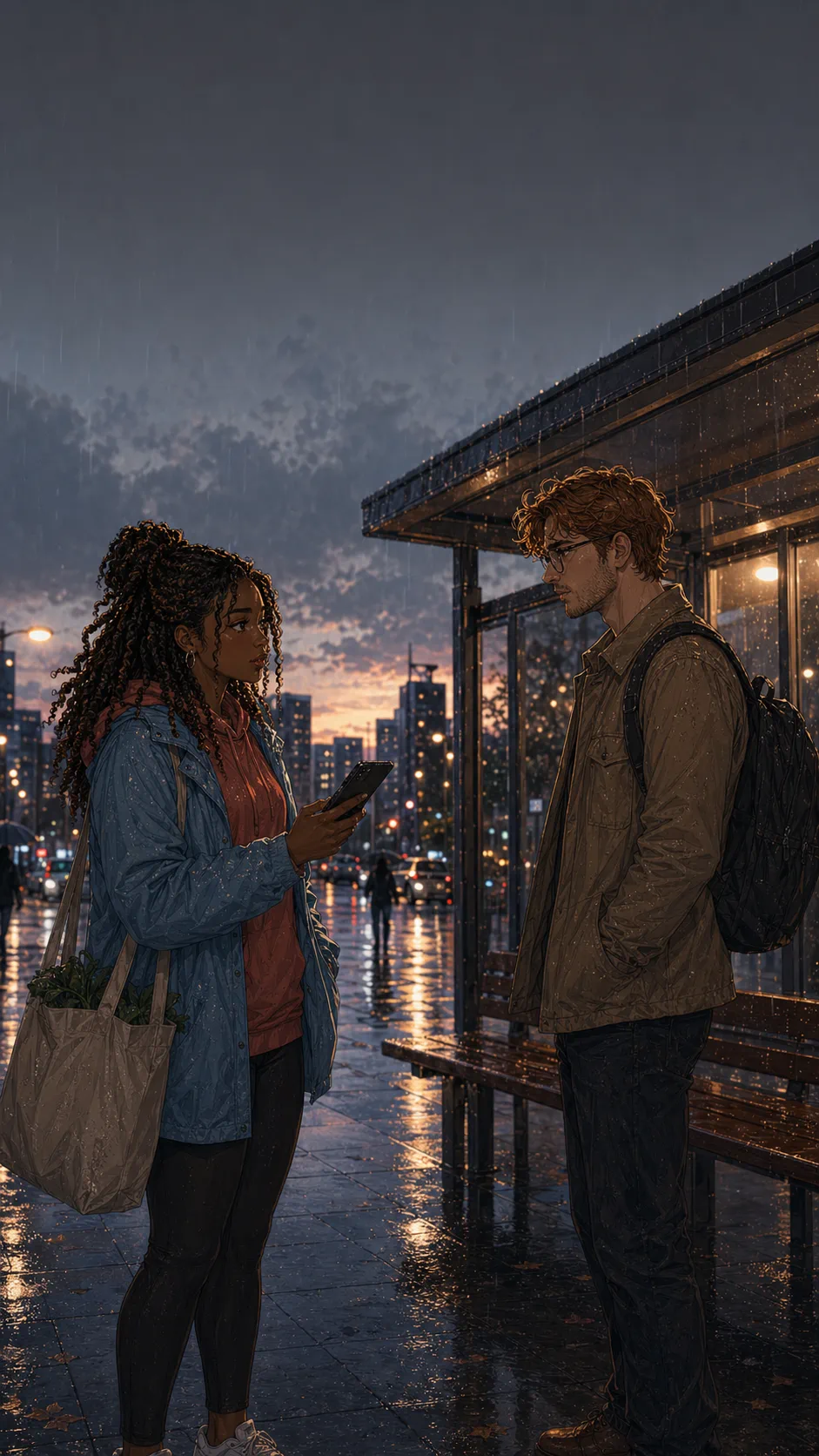 Talia and Owen stand apart at a rainy generic transit stop with a phone between them.