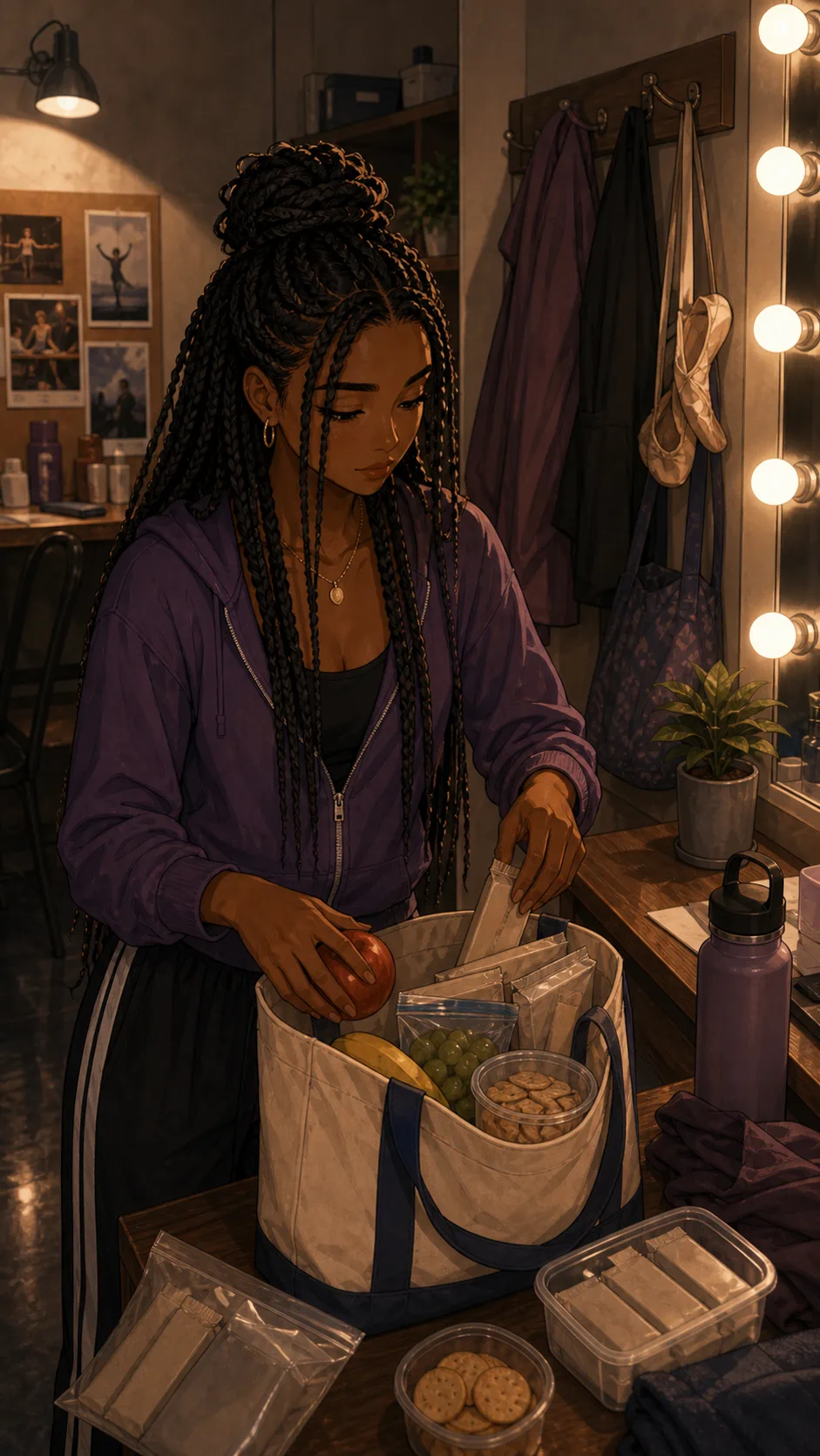 Tessa packs snacks into a canvas bag before rehearsal.