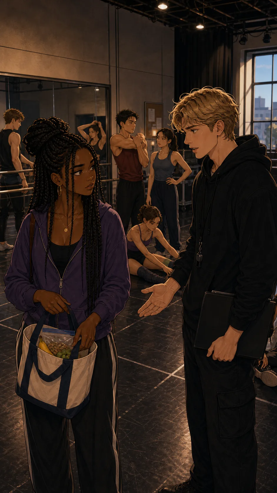 Owen asks about Tessa's snack bag during rehearsal.