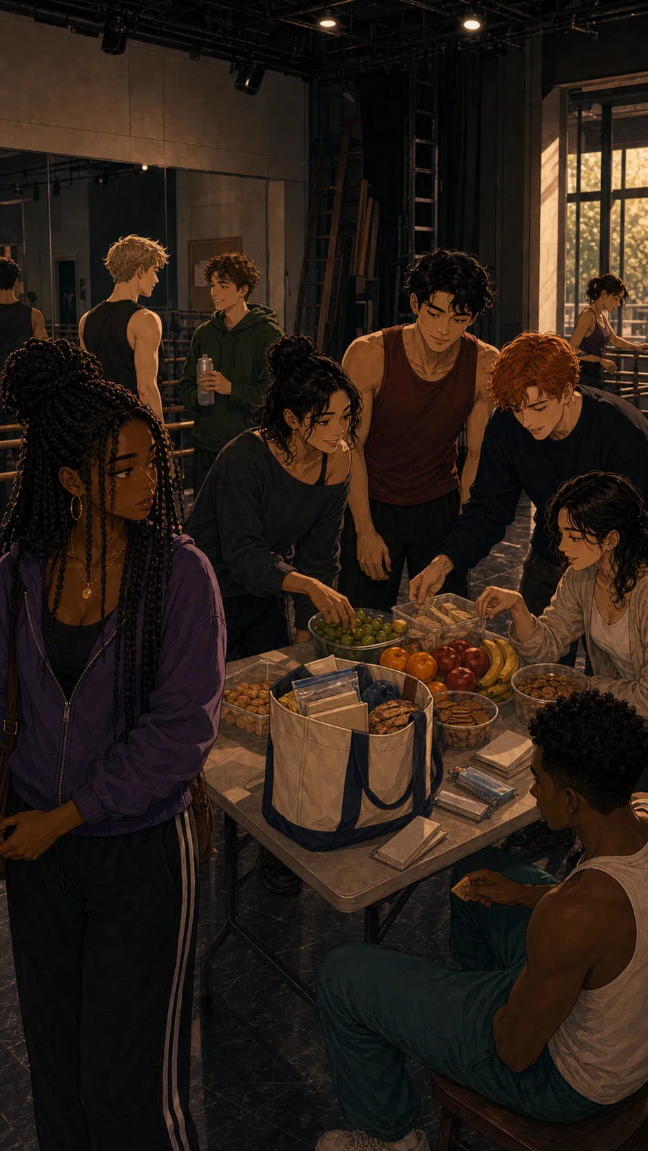 Cast members gather around Tessa's snack bag on a rehearsal table.
