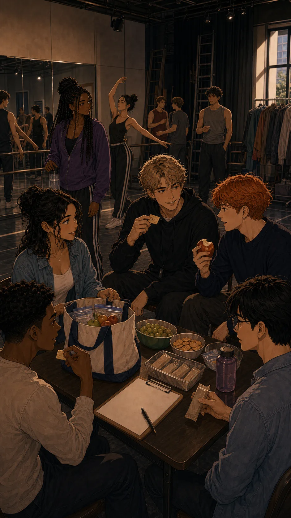 Cast members eat from the snack table while Tessa rehearses.