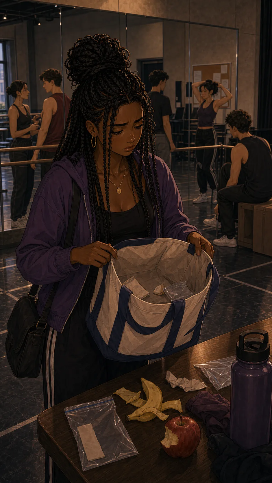 Tessa finds her rehearsal snack bag nearly empty.
