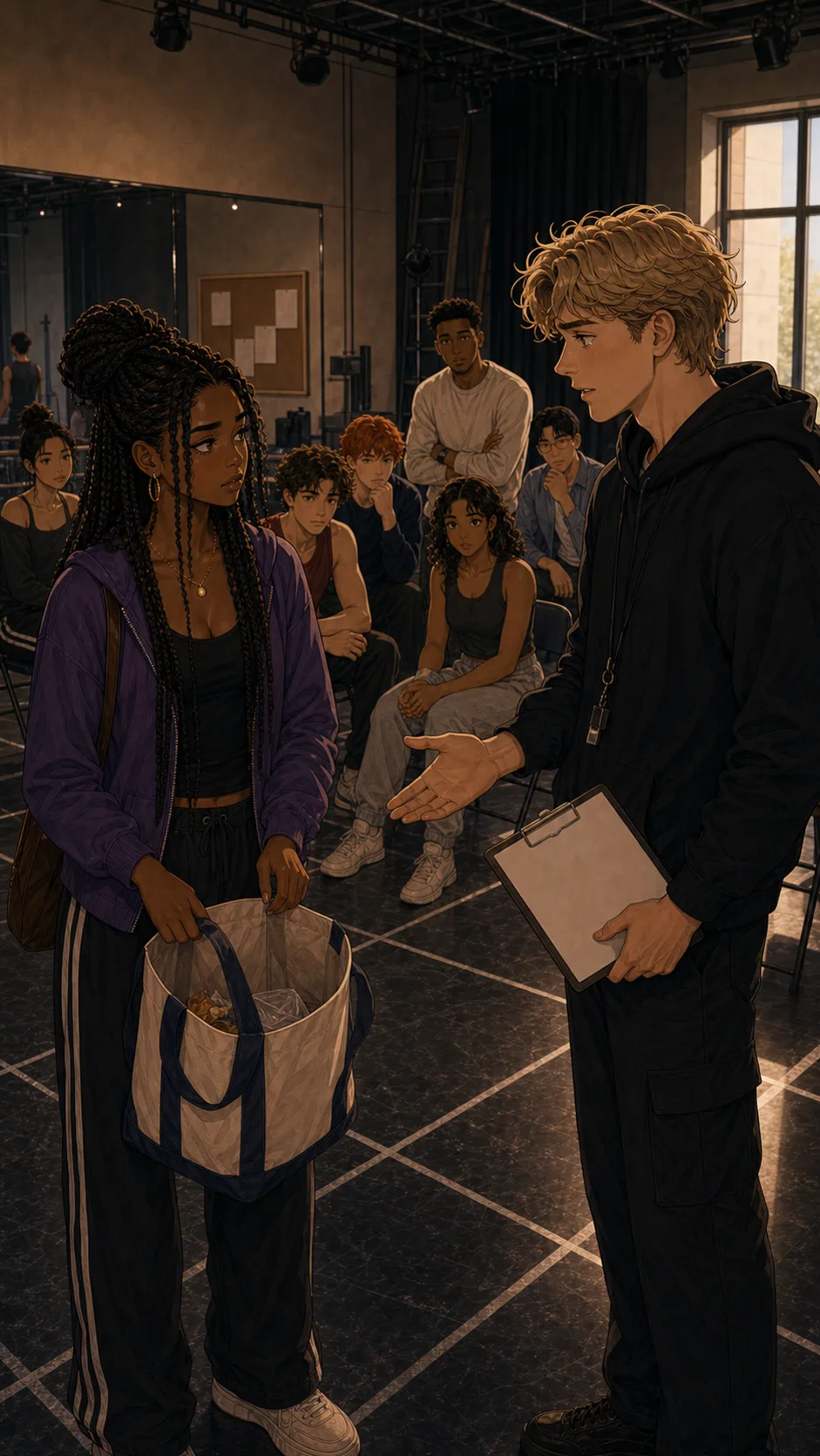 Tessa and Owen discuss the snack bag in the rehearsal room.