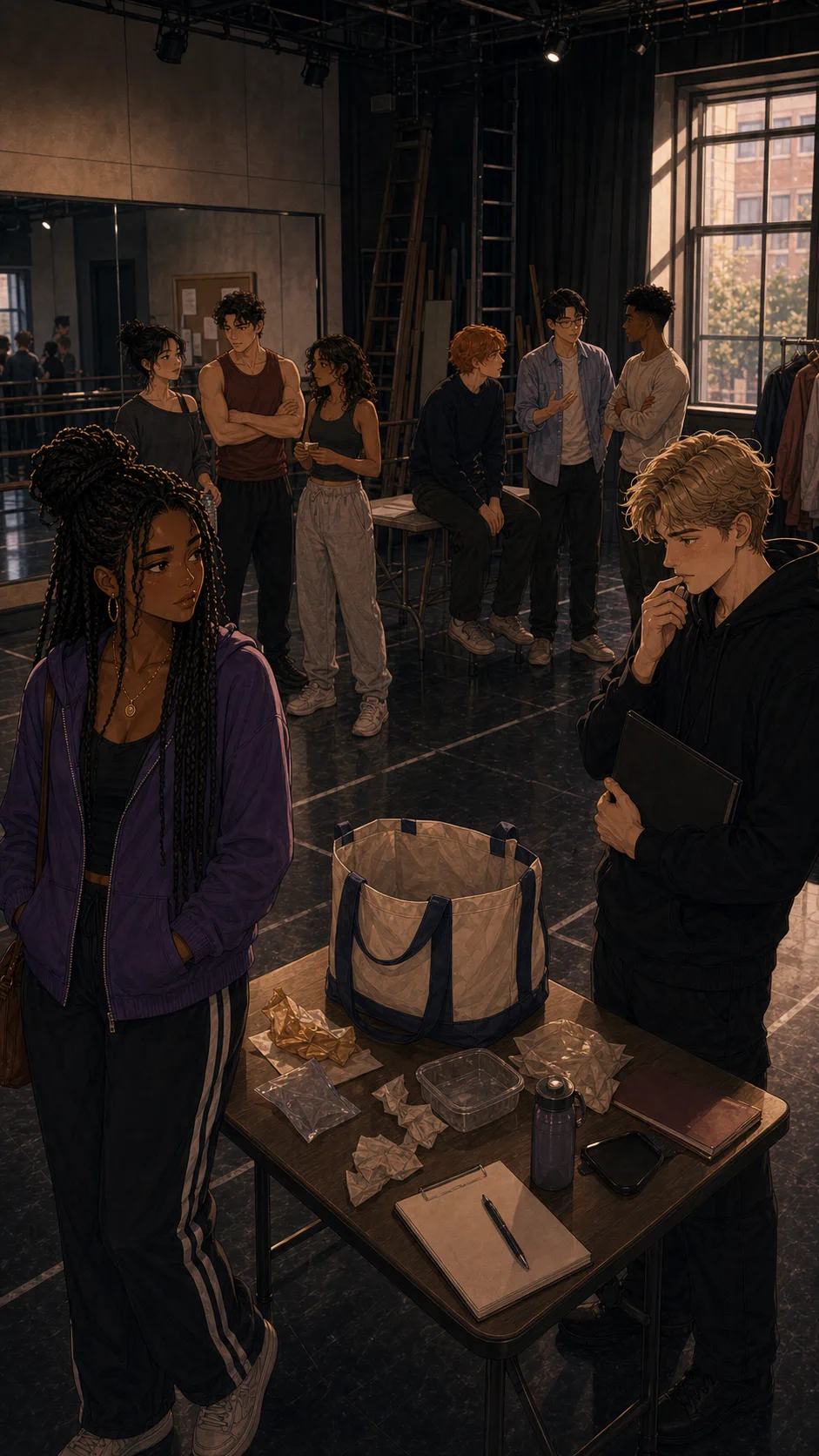 Cast members split around the empty rehearsal snack table.