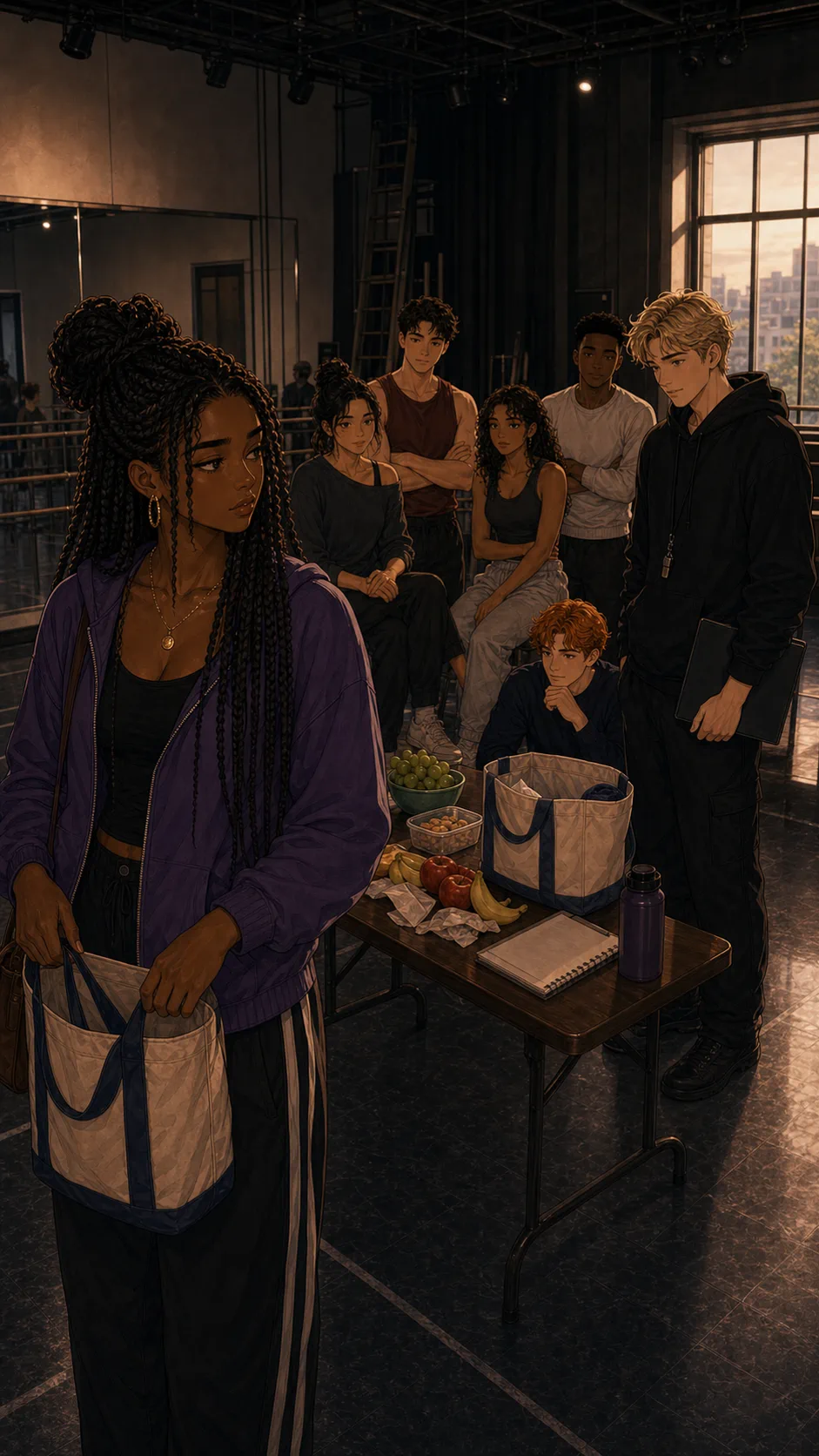 Tessa holds the snack bag while the cast waits in the rehearsal room.