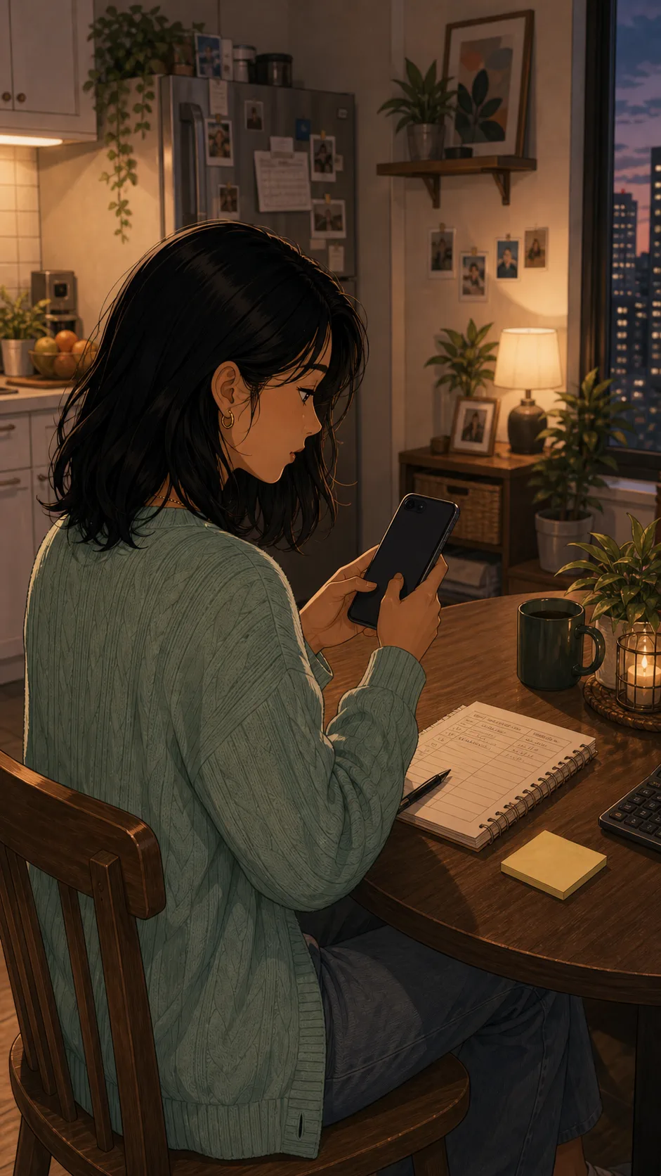 Mina checks a private renewal reminder on her phone.