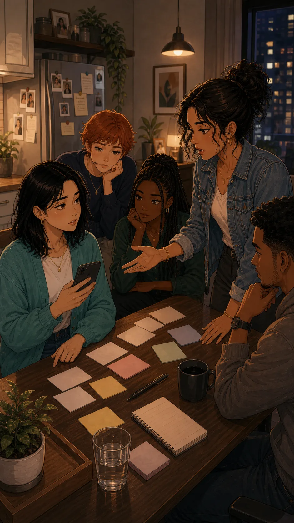 Casey gestures toward Mina's reminder setup.