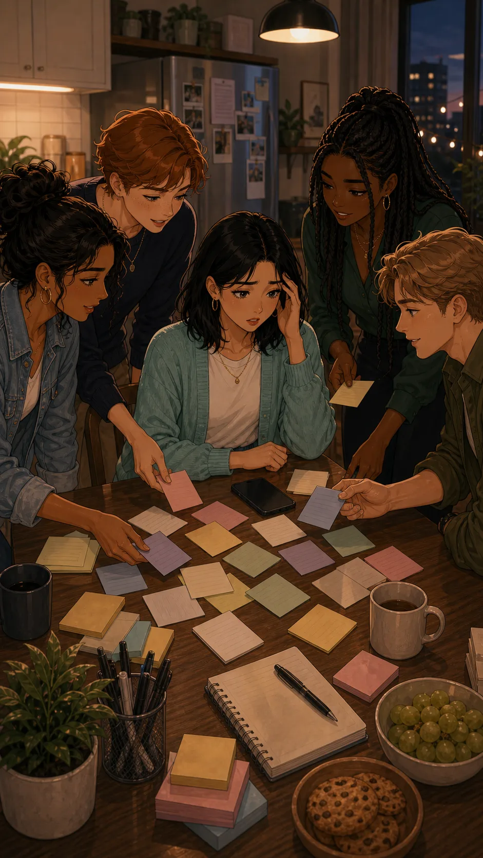 Friends place blank reminder cards around Mina's phone.