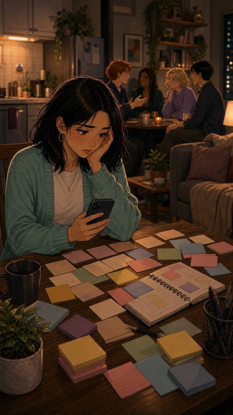 Mina sits surrounded by blank sticky notes and reminder cards.