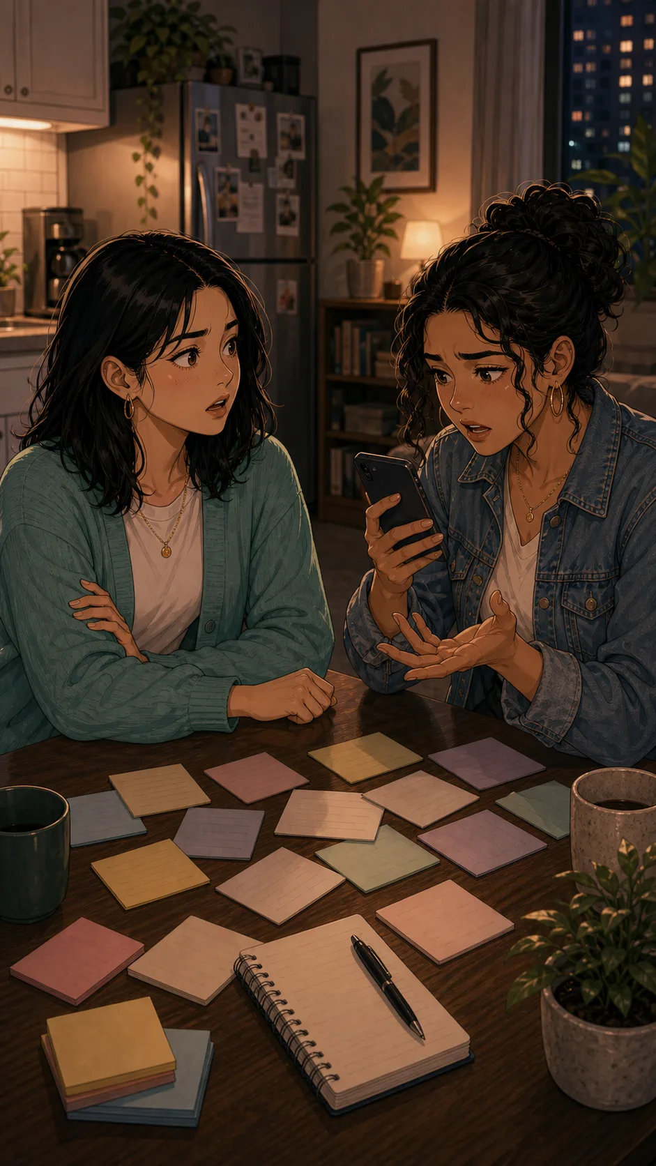 A friend reacts to a charge while Mina looks frustrated.