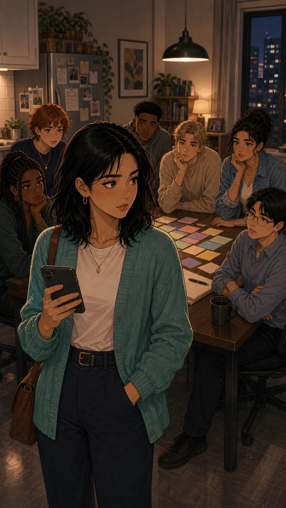 Mina holds her phone while the friend group waits.