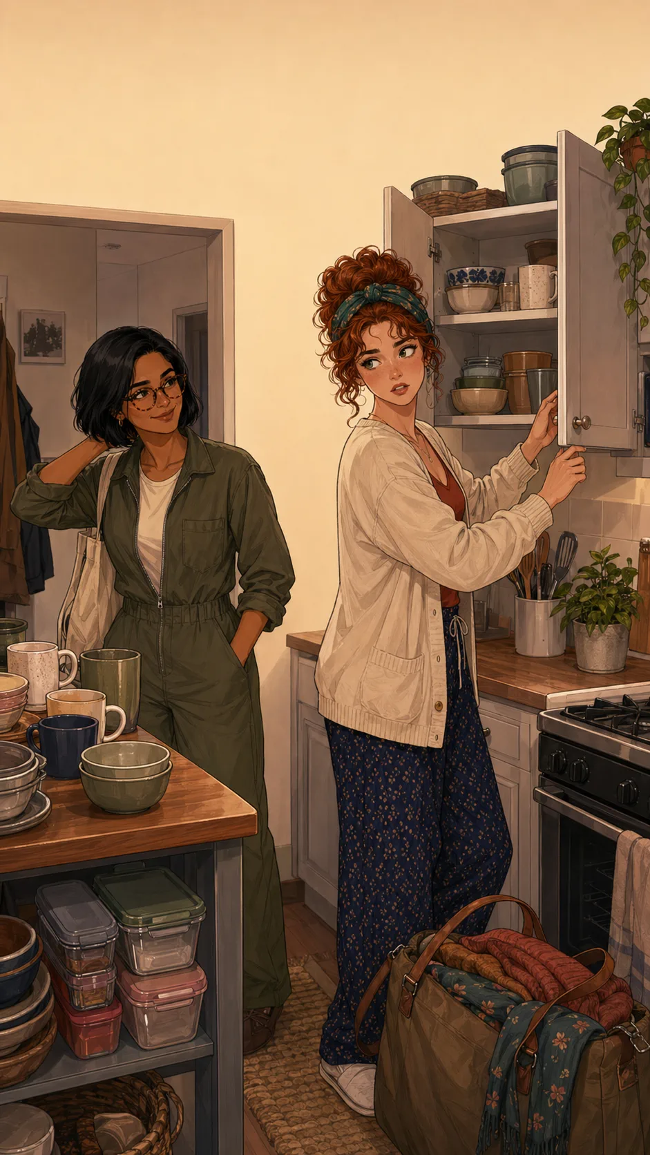 Erin opens a cabinet in Maya's tiny generic kitchen while Maya smiles from the side.
