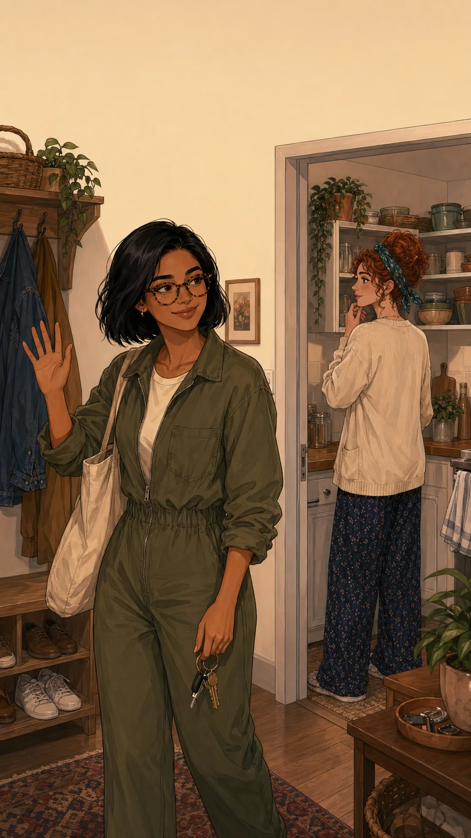 Maya leaves with a canvas tote while Erin stands in the kitchen doorway looking thoughtfully at the shelves.