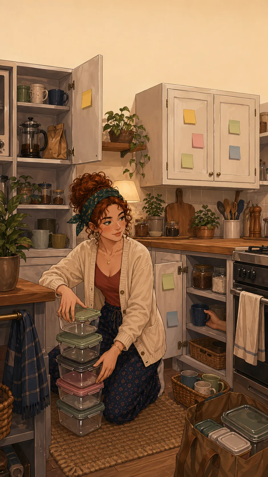 Erin stacks containers and moves mugs in Maya's tiny generic kitchen during a major reorganization.