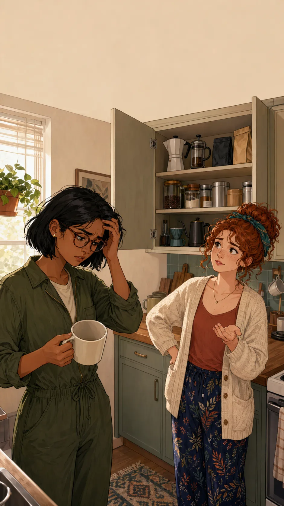Maya stands stressed by open kitchen cabinets holding an empty mug while Erin looks defensive near the counter.
