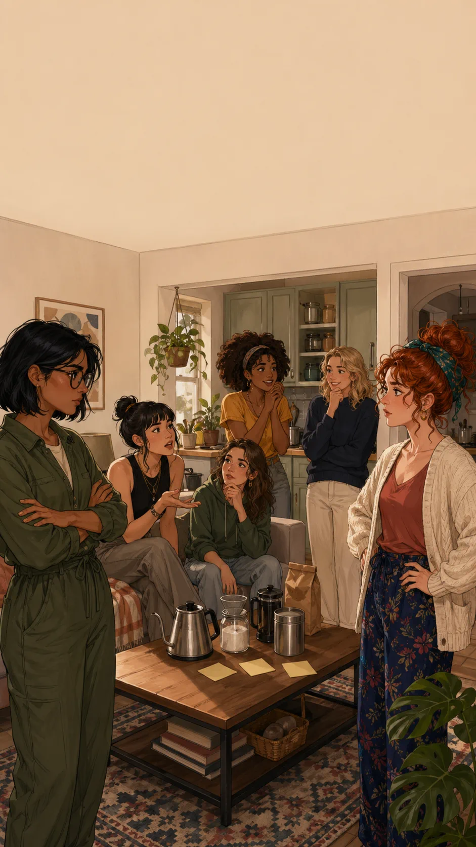 Maya, Erin, and friends stand in a generic apartment with the group split into opinions about the reorganized kitchen.