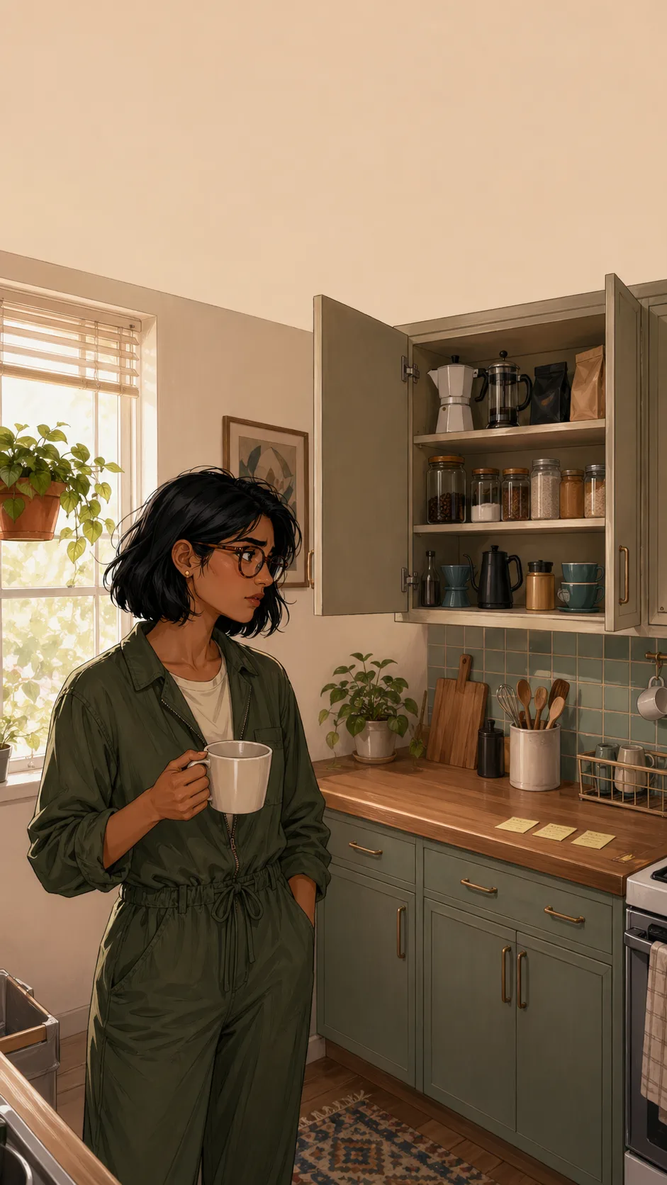 Maya stands alone in her newly neat but unfamiliar tiny kitchen, holding a mug and looking conflicted.
