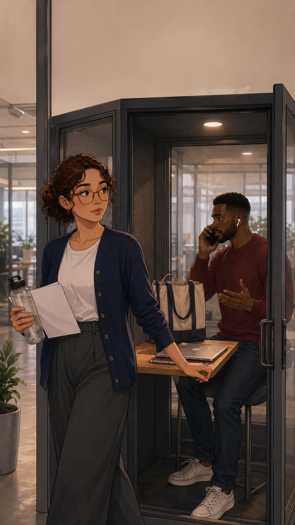 Jules steps out of a generic glass office booth while her tote, closed laptop, and notebook remain on the small table.