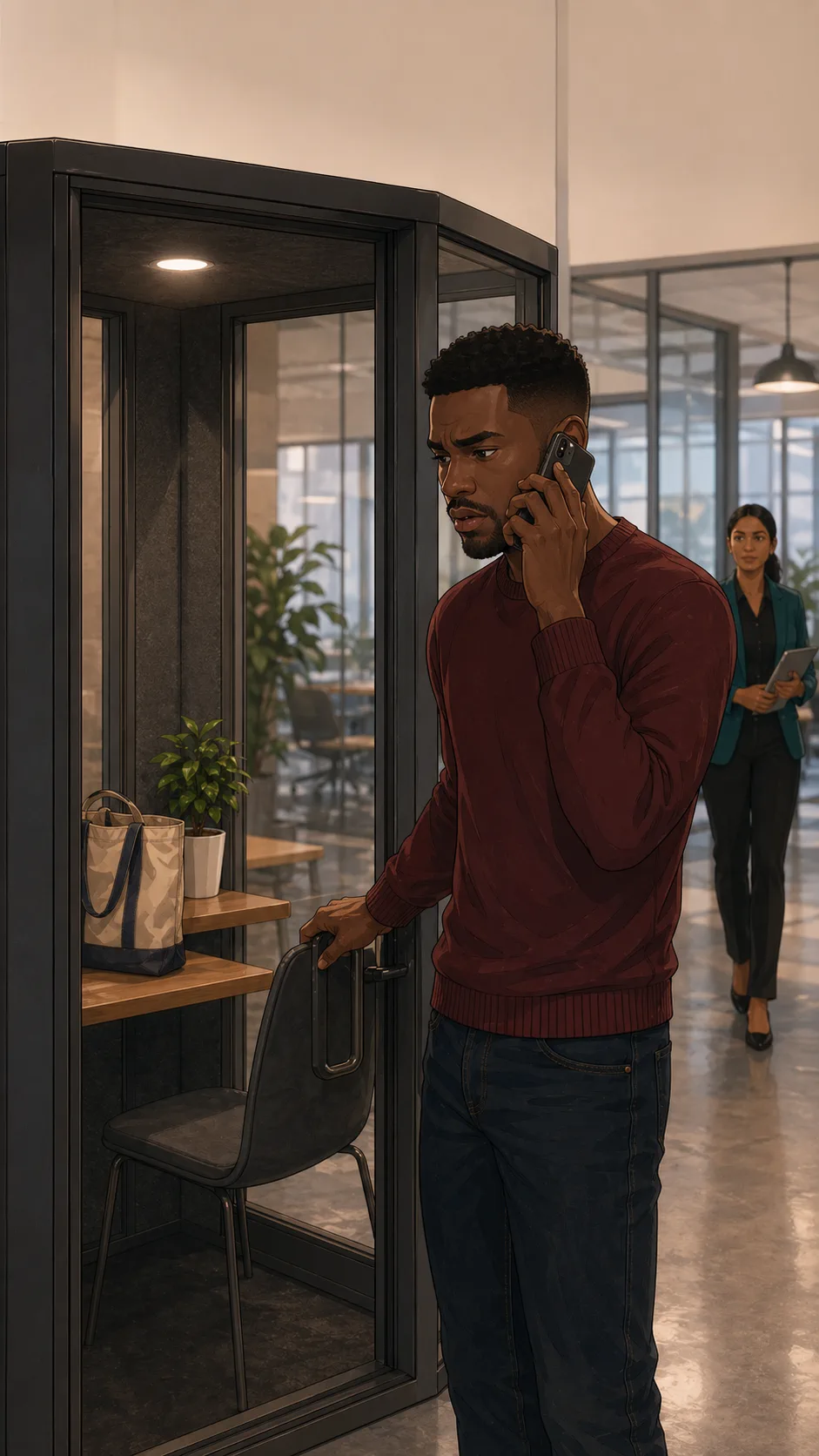 Marcus stands outside a generic office quiet booth on a phone call, looking at the empty chair and a tote inside.