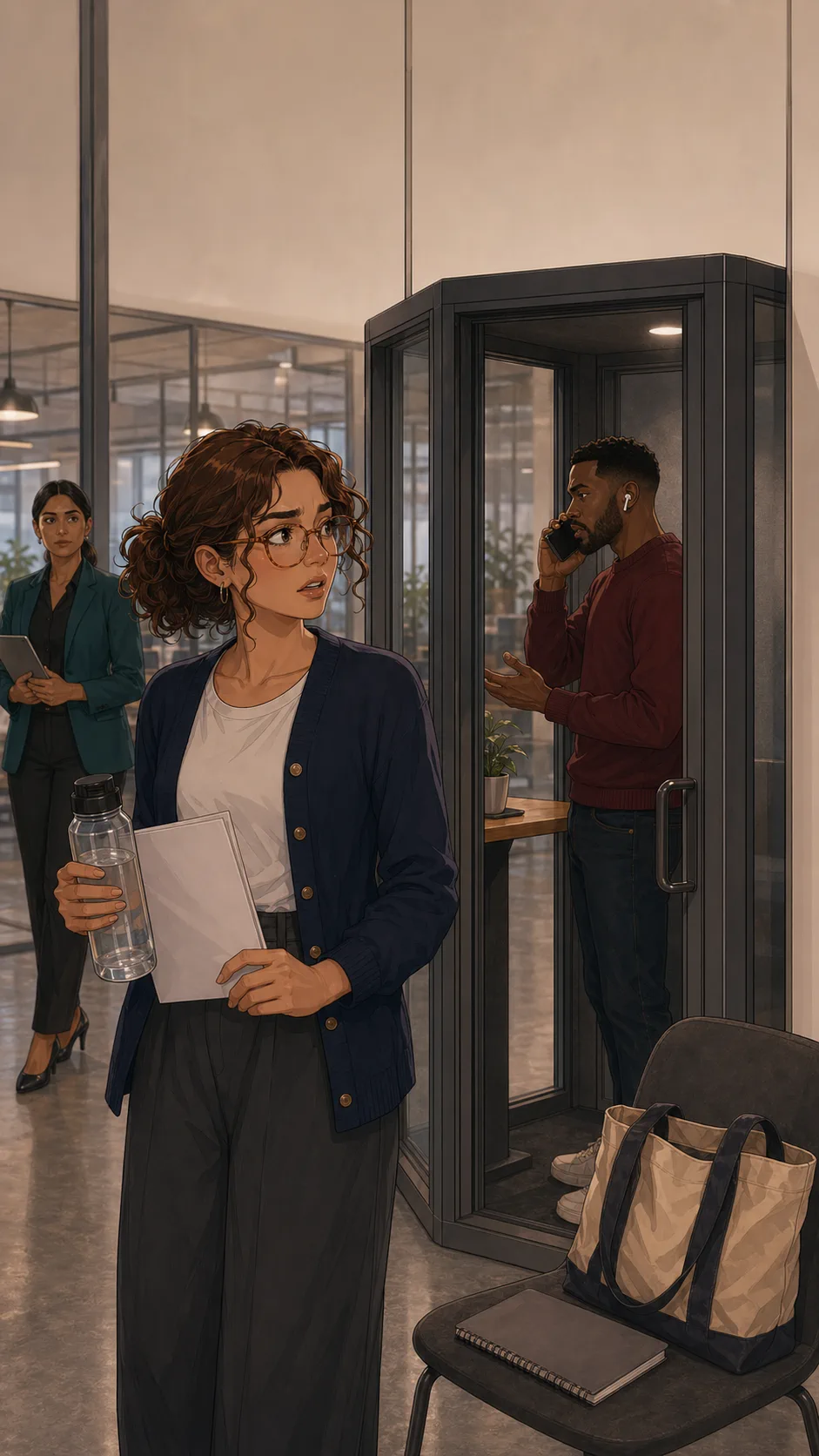 Jules returns to a generic office booth and sees Marcus inside on a call while her tote and notebook sit on a hallway chair.