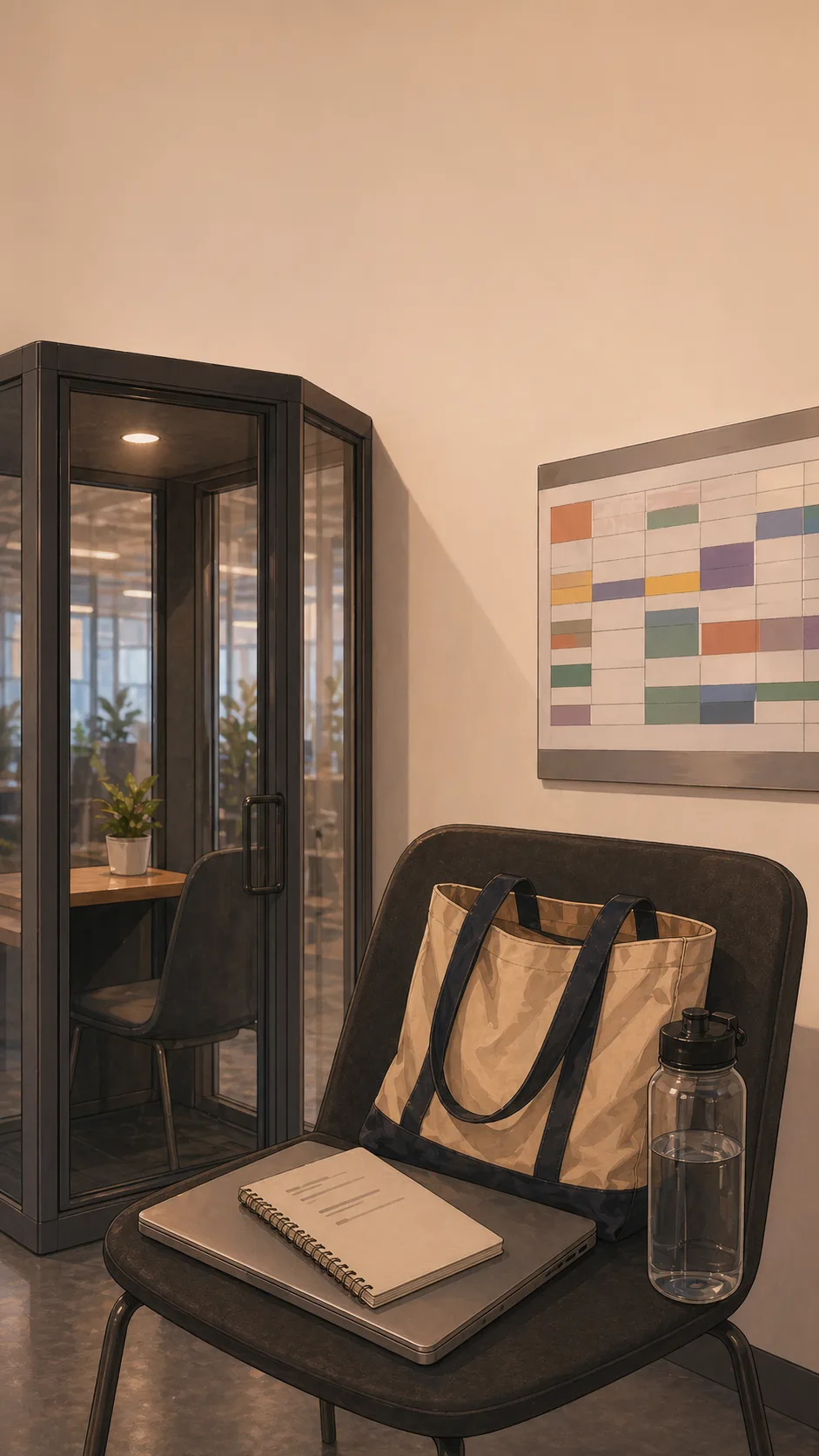 A generic office hallway chair holds a canvas tote, closed laptop, blank notebook, water bottle, and an abstract unreadable room schedule nearby.
