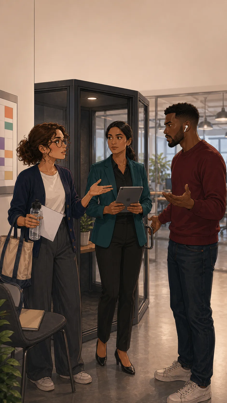 Priya stands between Jules and Marcus near a generic office quiet booth as they explain their sides.