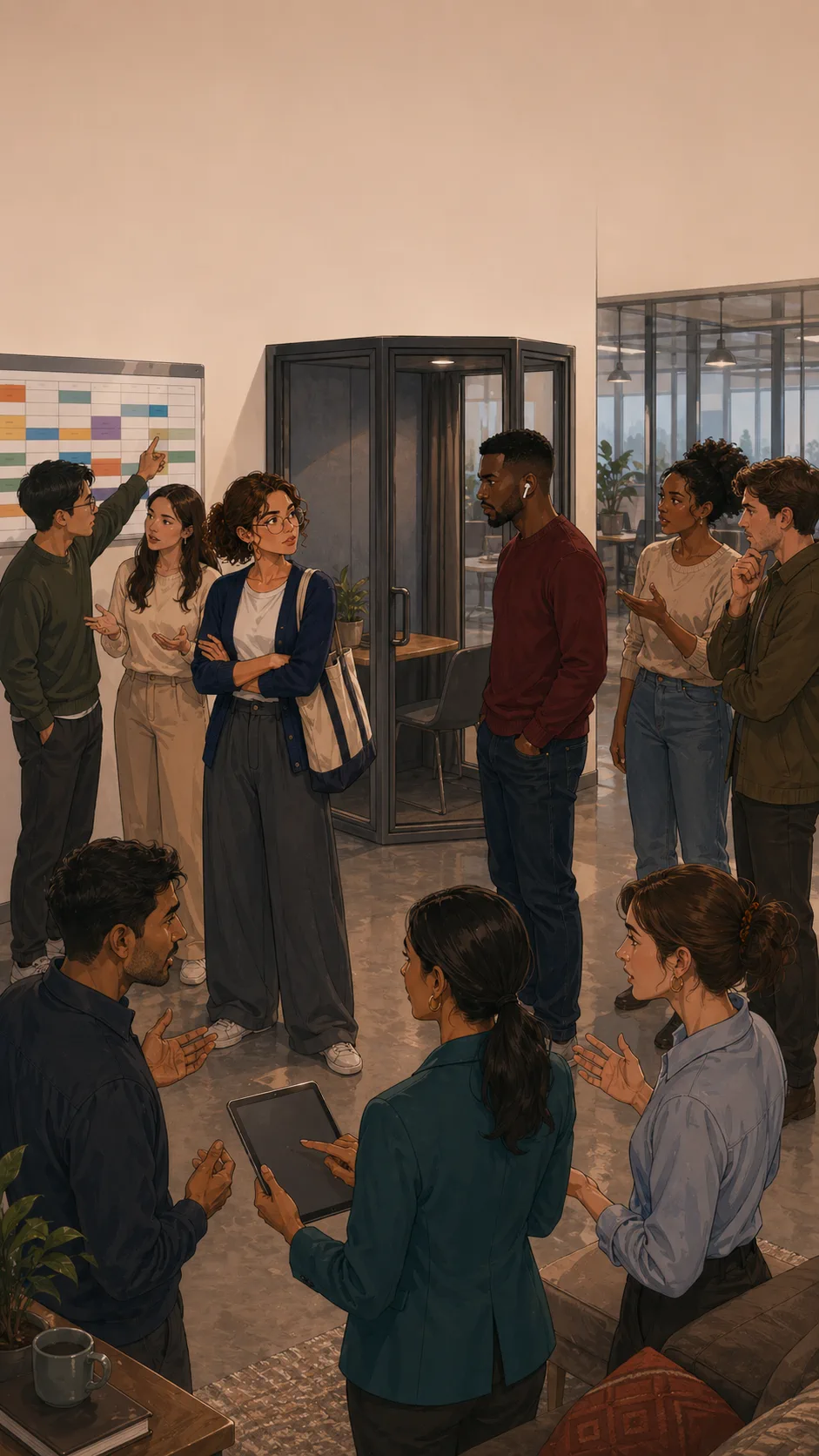 Jules, Marcus, Priya, and coworkers gather near generic office booths with the group visibly split into different opinions.