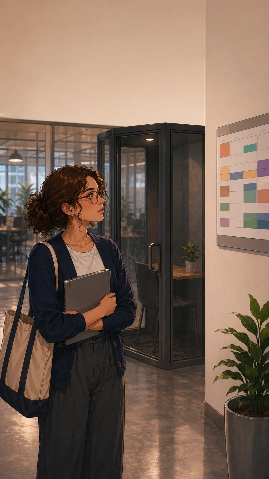 Jules stands thoughtfully in a generic office hallway near a quiet booth while holding her tote and laptop.