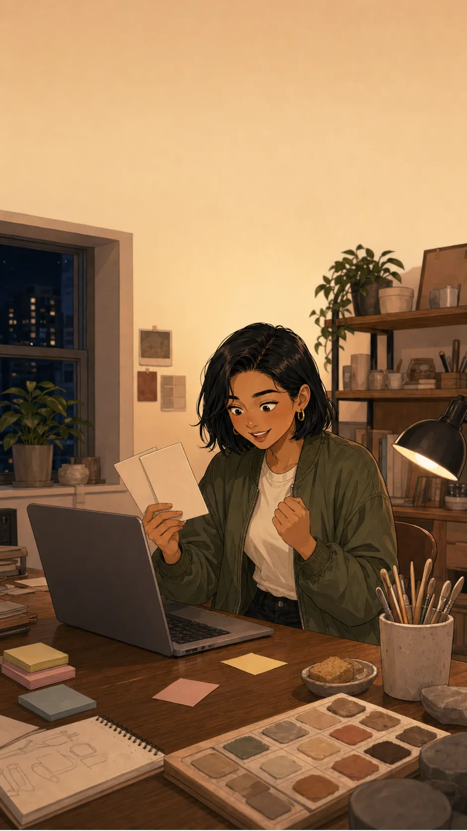 Mara sits at a generic apartment desk with a laptop angled away and two blank workshop cards in her hand.