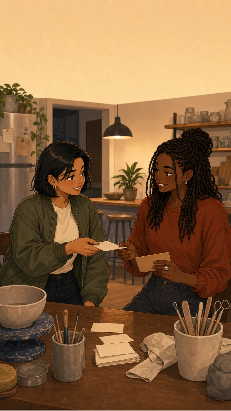 Jules pays Mara back at a generic kitchen table while Mara slides over a blank workshop card.