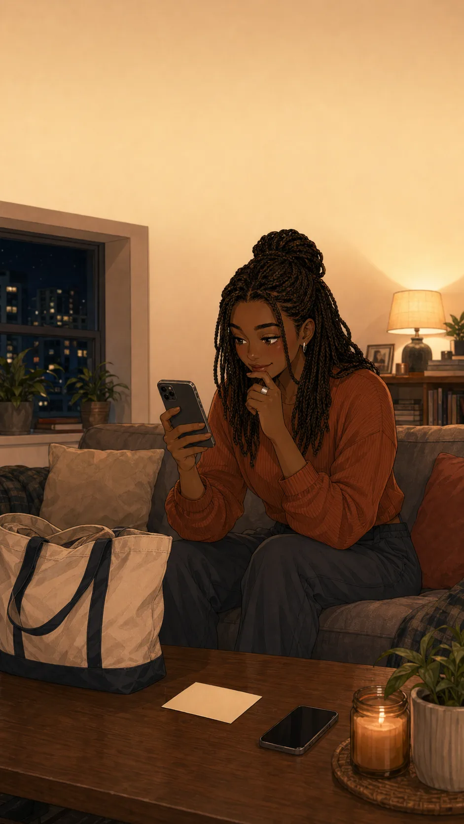Jules sits on a generic apartment couch with a phone whose screen faces her and a blank workshop card on the coffee table.