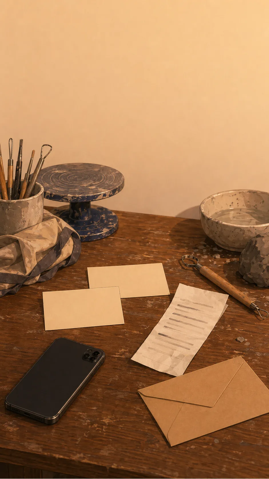 A generic ceramics studio table shows blank workshop cards, an unreadable receipt, a face-down phone, an envelope, clay tools, and a lump of clay.