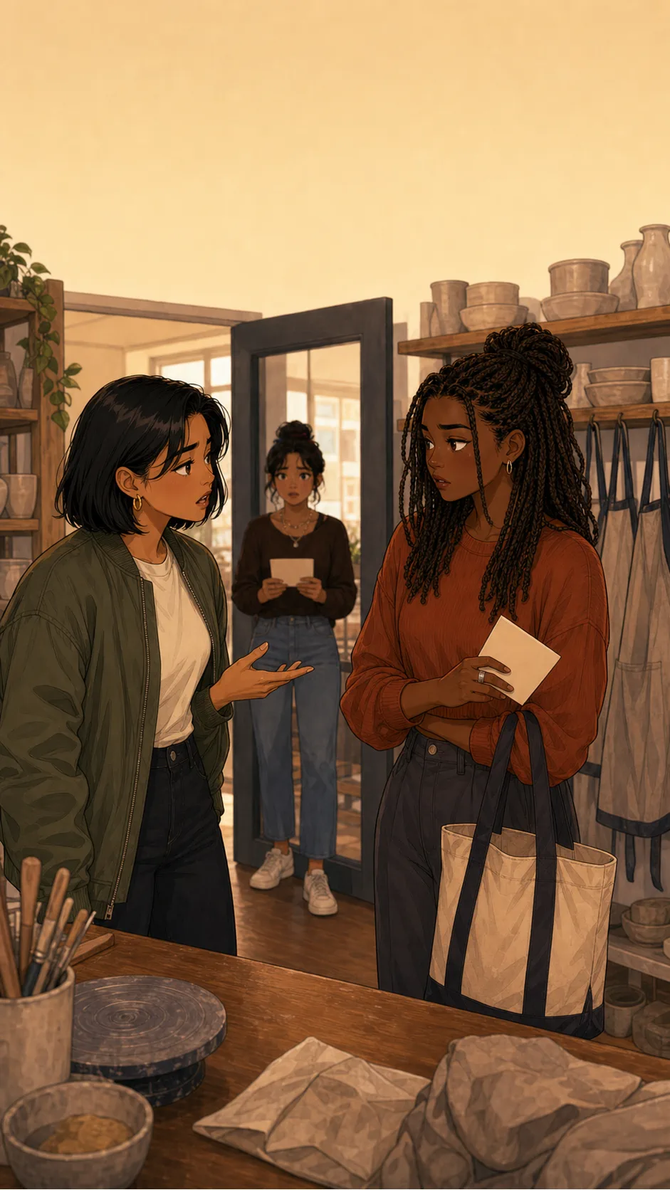 Mara confronts Jules in a generic ceramics studio doorway while a mutual friend waits in the background.