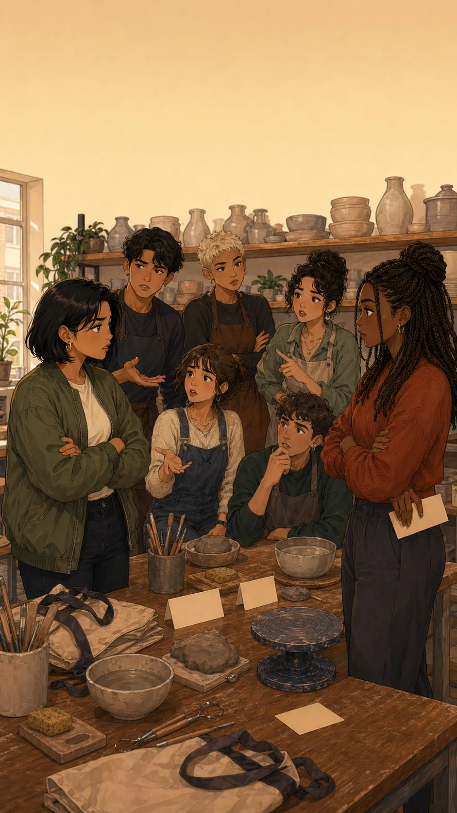 Mara, Jules, and classmates stand around a ceramics table with the group visibly split into three opinions.