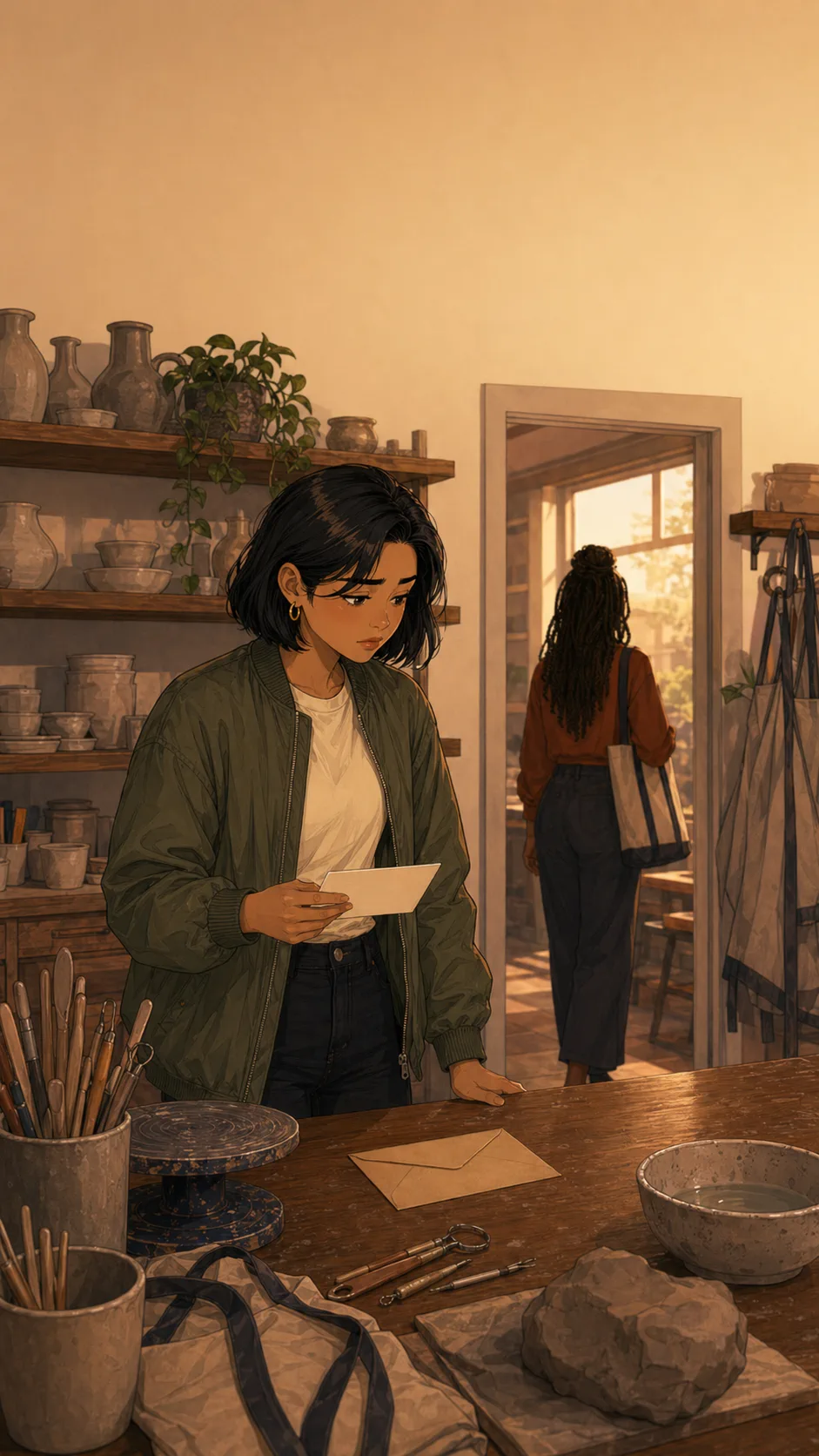 Mara stands alone in a quiet generic ceramics studio looking at a blank workshop card, envelope, and clay tools.