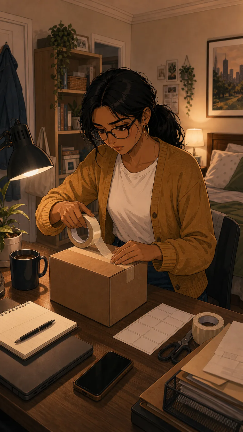 Mara prepares a plain return package and blank label sheet at a generic bedroom desk.