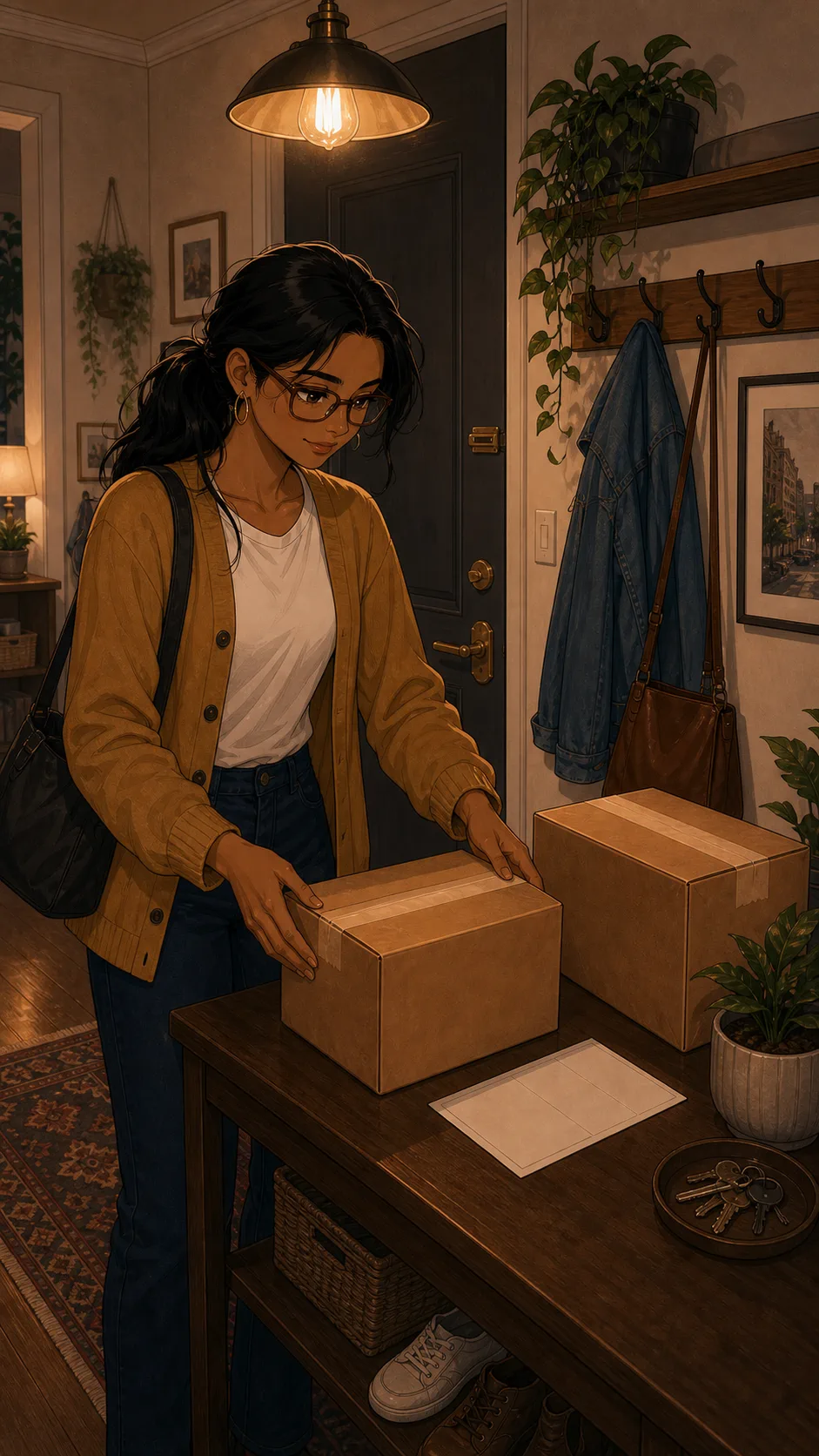 Mara leaves a plain return box and blank label on a shared apartment entry table beside another box.