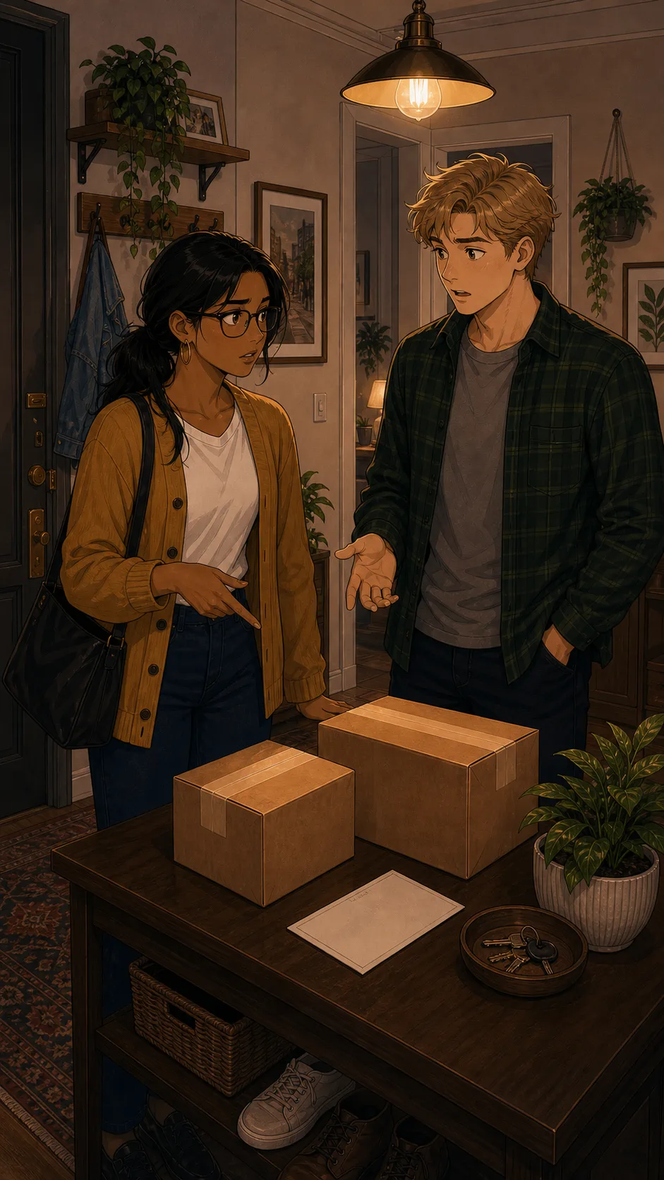 Wes asks Mara a quick question beside two plain boxes on a generic entry table.