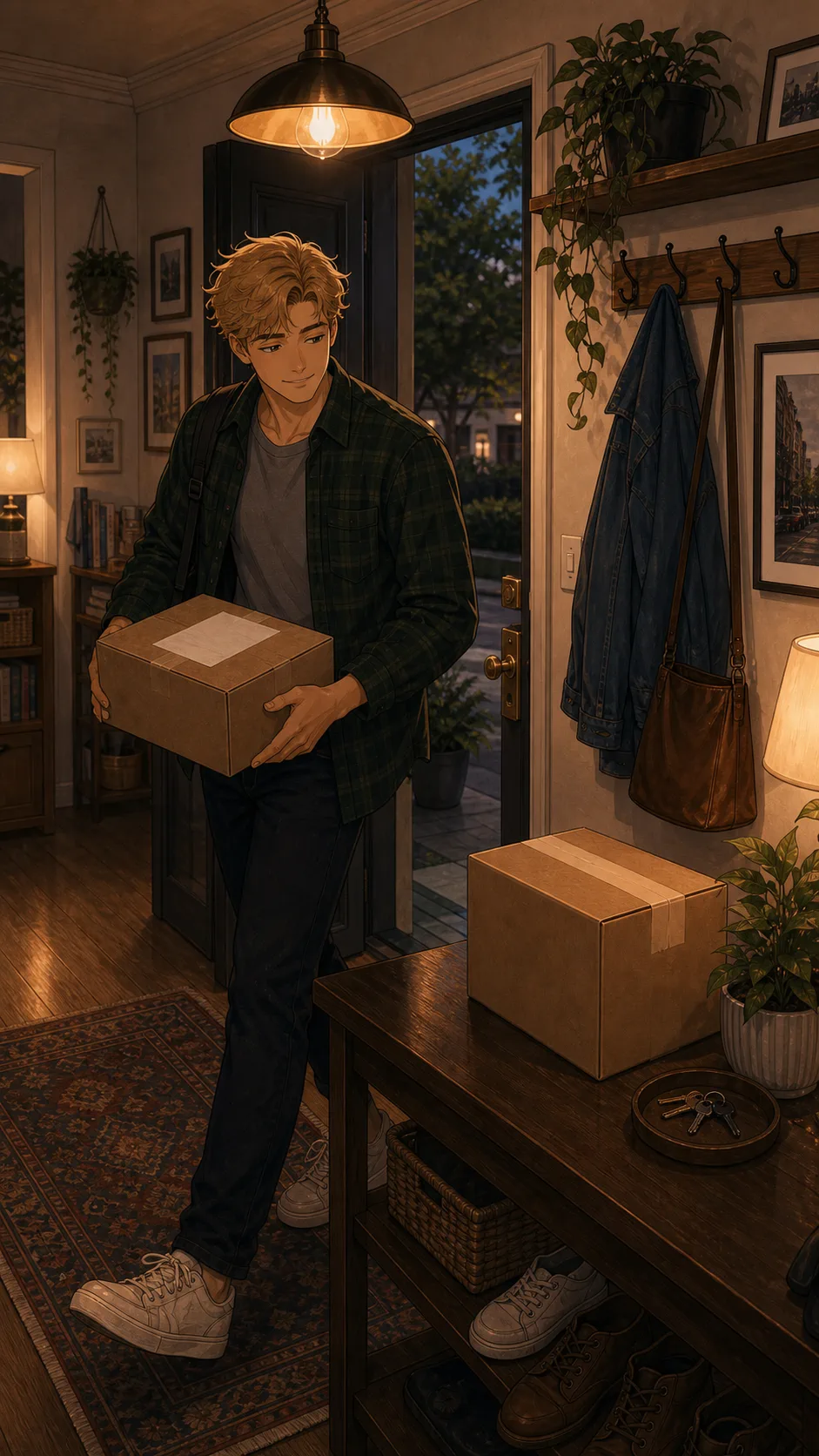 Wes drops a plain package at a generic shipping counter with no logos or readable labels.
