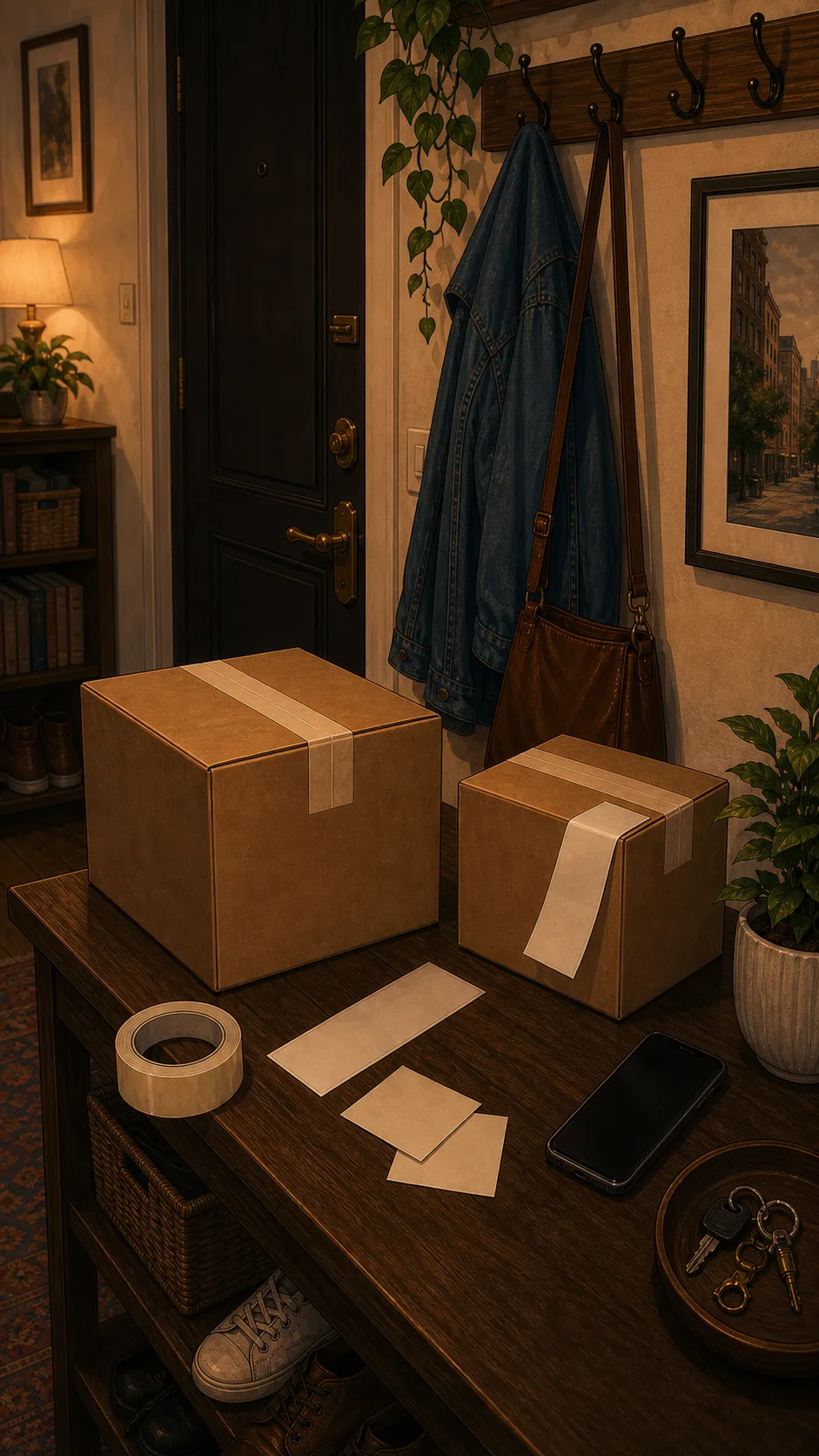 Two plain boxes, a blank label strip, an unreadable receipt, tape, and a face-down phone sit on an entry table.