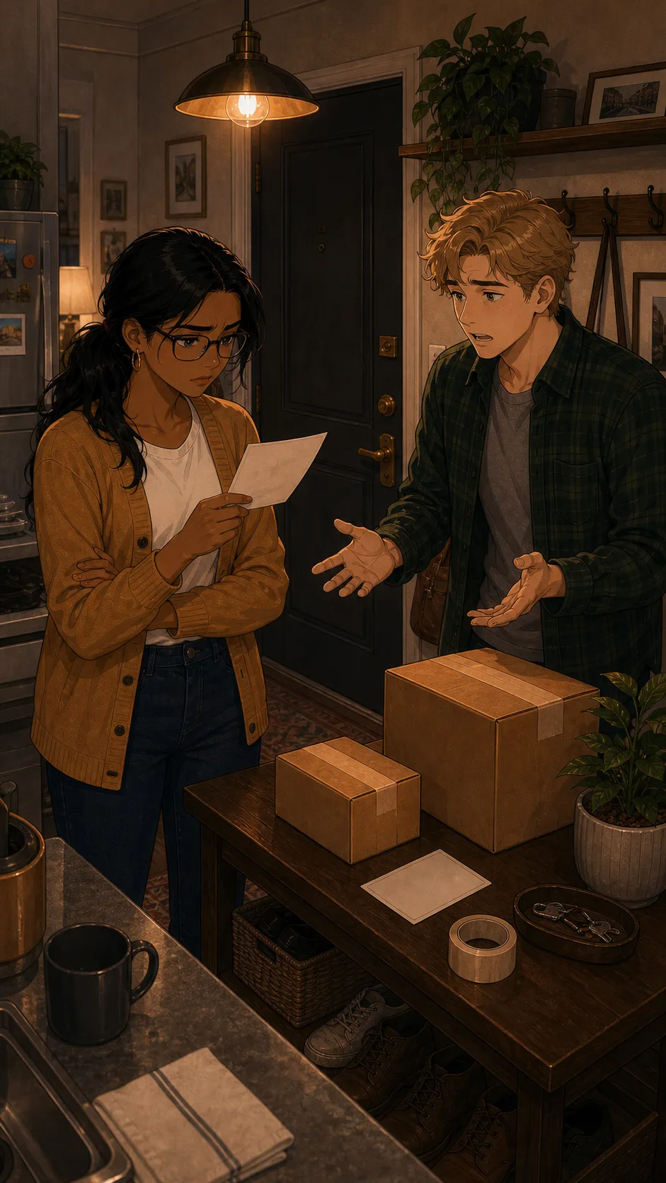 Mara confronts Wes in a generic apartment entryway while holding an unreadable receipt.
