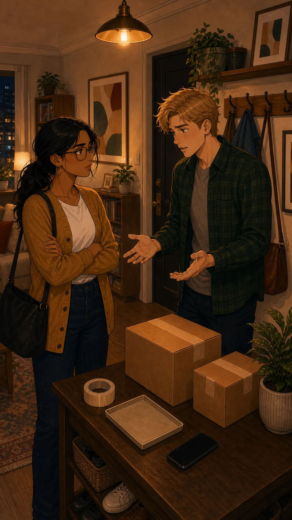 Mara and Wes sit across from each other at a kitchen table with plain boxes between them.