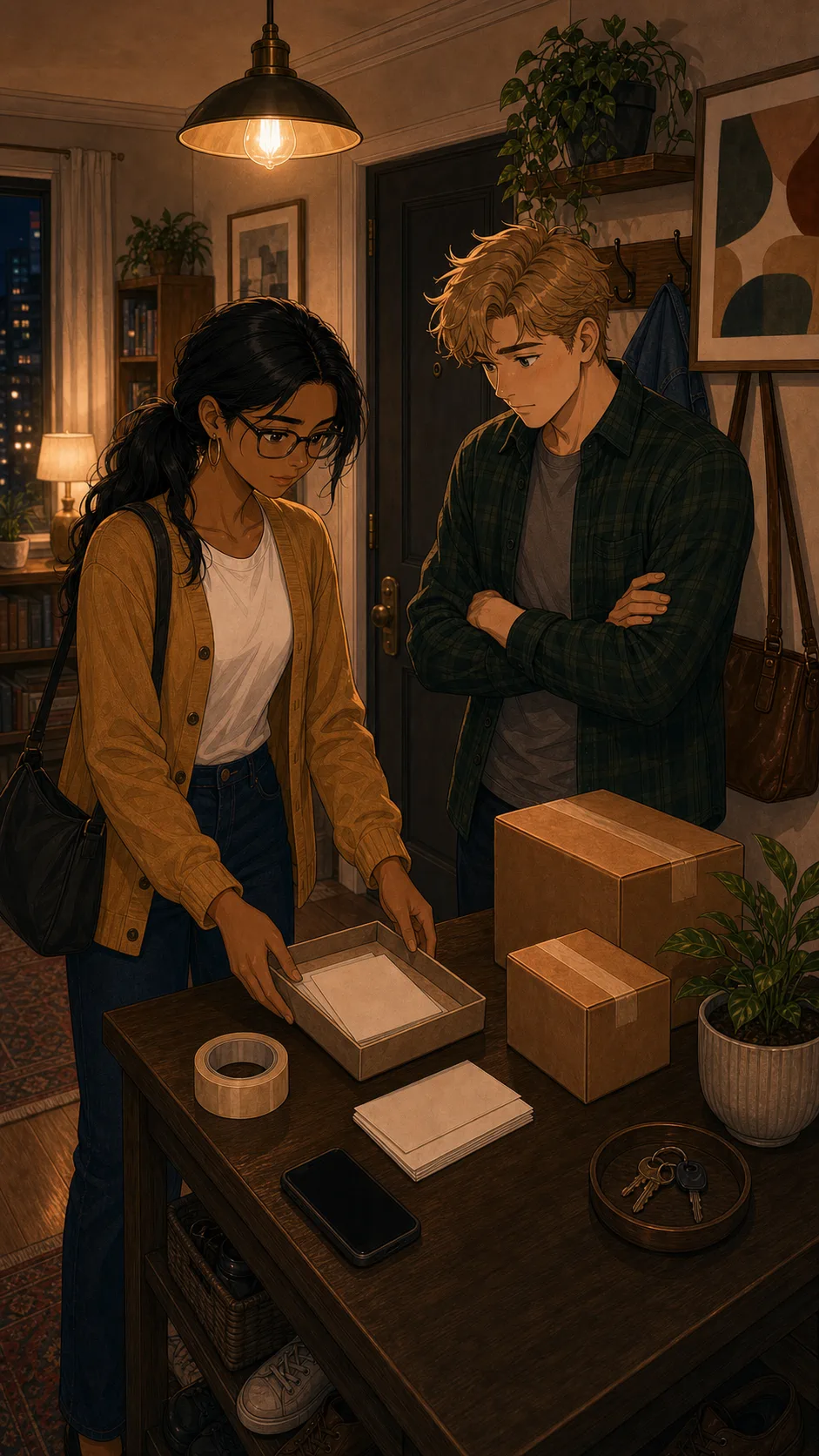 Mara sets a small blank tray for labels on a generic entry table while Wes watches.