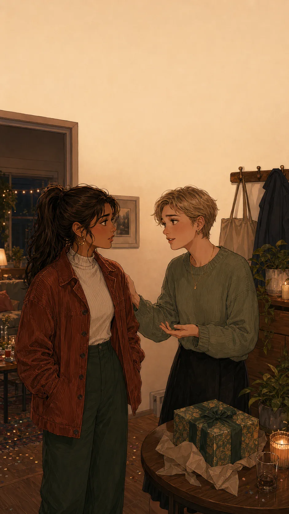 Tessa quietly talks with Mia beside the wrapped group gift in a generic apartment corner.