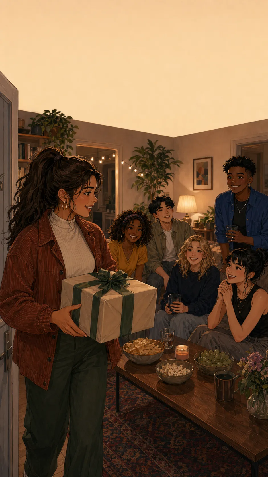 Mia stands at a generic home store return counter with an unwrapped gift and a blank store-credit card on the counter.